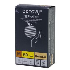 Перчатки смотровые латексные опудрен. н/ст гладкие Benovy, M(7-8) /Benovy/ 50/500