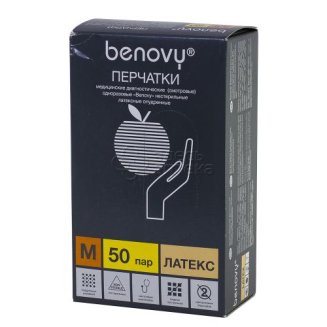 Перчатки смотровые латексные опудрен. н/ст гладкие Benovy, M(7-8) /Benovy/ 50/500