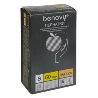 Перчатки смотровые латексные опудрен. н/ст гладкие Benovy, S(6-7) /Benovy/ 500